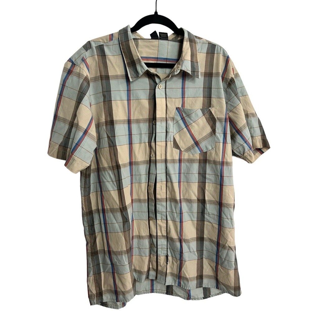 RUSTY Surfer Brand Men’s XL Casual SS Shirt Plaid Checked Cream Blue Grey‎ Red